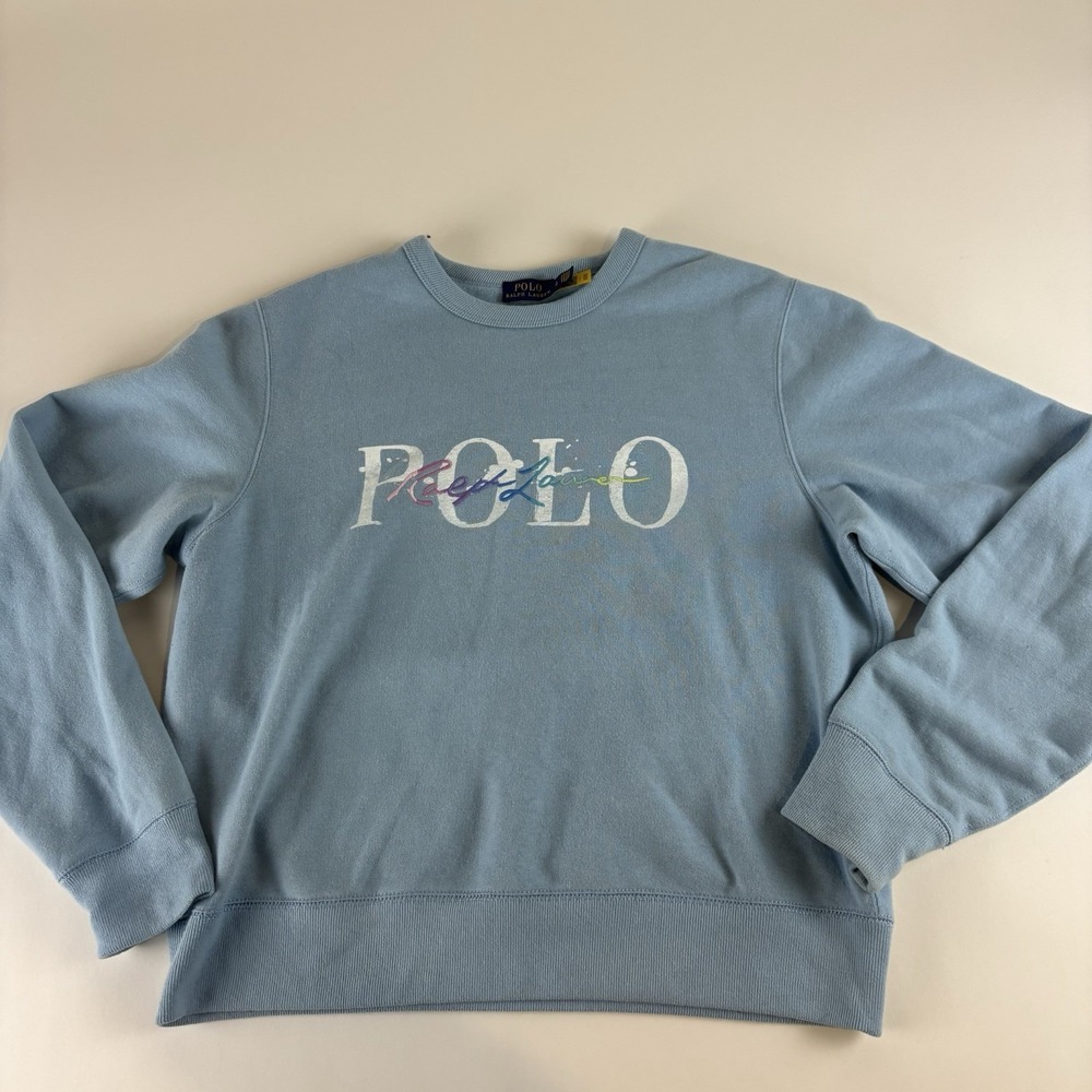 Polo‎ Ralph Lauren Sweatshirt Youth Large Blue Logo Pullover Women's Small Boxy